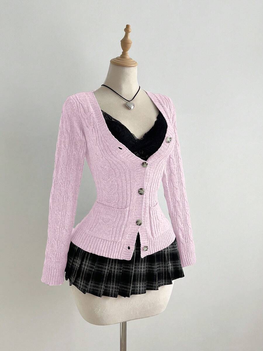 Flirla 1 pieza Cárdigan de manga larga de un solo botonadura, ajustado y acanalado para mujer - Rosa - Ver 1