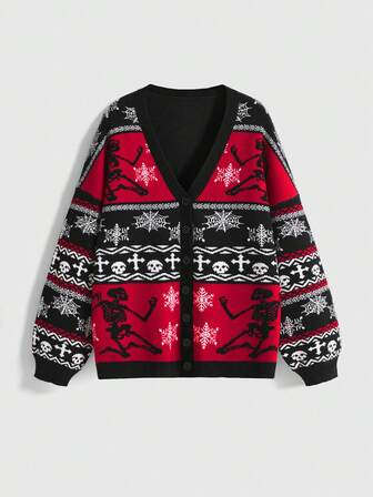 Goth Cárdigan de punto casual de manga larga con hombros caídos y estampado de copos de nieve para mujer de talla grande, otoño/invierno