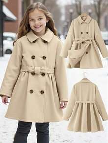 SHEIN Tween Girls Solid Simple Color Long Coat With Lapel, Suitable And Warm For Autumn Winter, Daily Wear, Casual Occasion, Back To School Girls Trench Coat Girls Winter Coat Kids Trench Coat Girls Coat