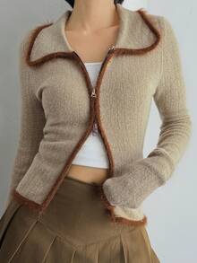 DAZY 女士宽松商务休闲时尚街头优雅撞色拼接开衫毛衣，适合秋冬季 - 灰色 - 查看 2