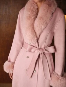 MOTF PREMIUM 羊毛领收腰修身中长款系带大衣，秋冬 - 淺粉色 - 查看 3
