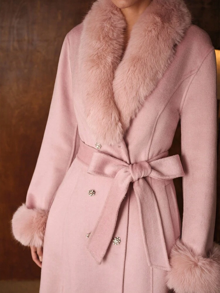 WOOL COLLAR CINCHED WAIST FITTED MID-LENGTH BELTED OVERCOAT, AUTUMN/WINTER