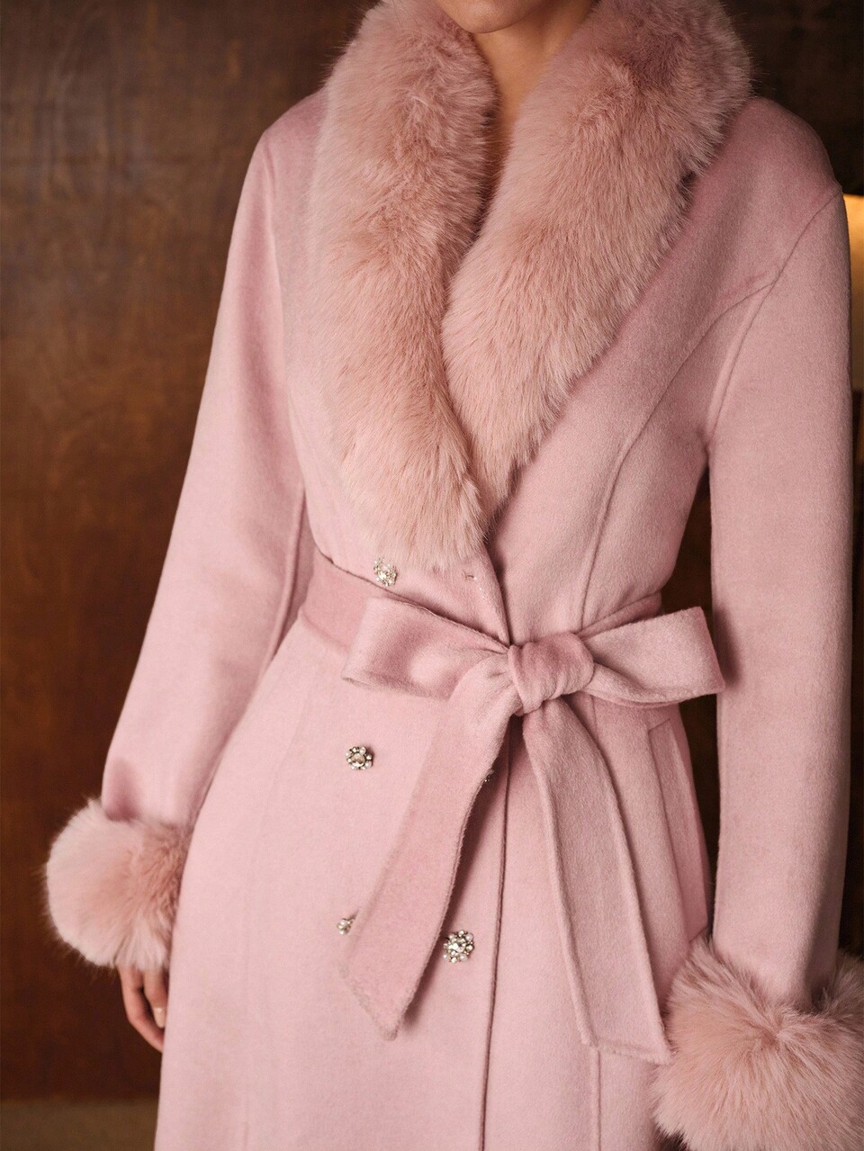 WOOL COLLAR CINCHED WAIST FITTED MID-LENGTH BELTED OVERCOAT, AUTUMN/WINTER