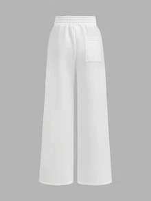 Girlism 少女白色针织宽松直筒口袋运动裤，休闲运动，简约家居服，秋冬 - 白色 - 查看 2