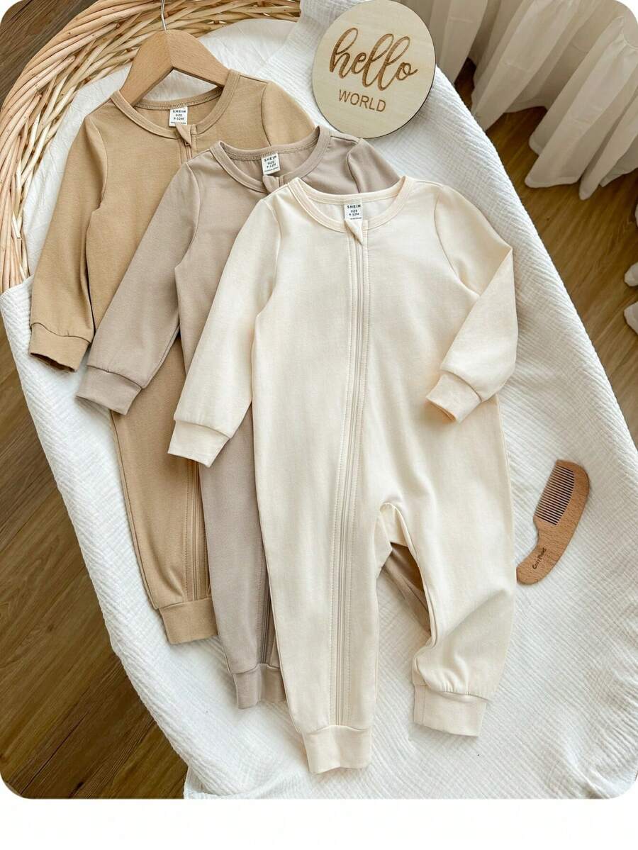 男宝宝可爱休闲针织长袖连体衣 - 杏色 - 查看 1