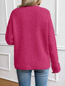 EMERY ROSE Women's Loose Fit Crew Neck Oversized Pullover Sweater With Ribbed Cuffs, Christmas - Hot Pink - View 2