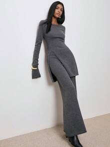 ATUI Studio 2 件套女士针织毛衣和裤子套装，时尚百搭，极简通勤，日常搭配，度假风格，办公室通勤装，极简主义女装 - 灰色 - 查看 3