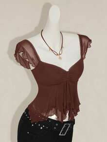 SHEIN ICON 女式褶皱前开合身性感网眼拼接盖袖露背休闲度假短款背心 - 棕色 - 查看 3