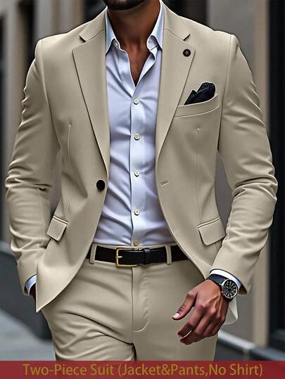 Manfinity Mode Blazer e Calça de Cor Sólida com Gola de Lapela e Manga Longa, Conjunto de Terno Casual Masculino Bege, Terno Bege Masculino, Terno Creme Masculino, Terno Cáqui Masculino, Ternos de Verão Masculinos. Um ótimo presente para um namorado ou marido.