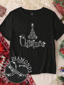 EMERY ROSE Plus Size Christmas Tree & Reindeer Rhinestone Long Sleeve V-Neck Tee Women Bling - الأسود - مشاهدة 3