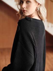 Uhlyne Solid Color Minimalist Crew Neck Long Sleeve Sweater, Elegant Casual High-End Vintage Style, Handcrafted Crochet Details, Women Knit Pullover Suitable For Daily Commute, Holidays, Parties - Black - View 8