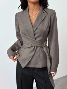 SHEIN PETITE Women's Metal Decoration Brown Gray Imitation Linen Waist Suit Jacket/Fall Women Clothes/Fall Outfits Women /Fall Outfits/Back To School/Homecoming/Business Casual Woman /Old Money Style Women/Office Outfits For Women/Going Out Outfits,Fall Clothes For Women