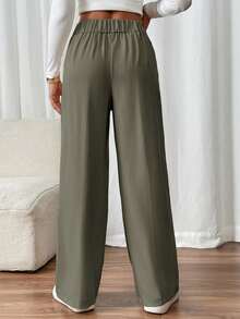 SHEIN Frenchy Women's Double Buckle Straight Leg Elegant Commuter Pants Winter Green Casual Christmas Spring - Army Green - View 2