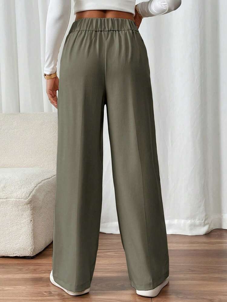 SHEIN Frenchy Women's Double Buckle Straight Leg Elegant Commuter Pants Winter Green Casual Christmas Spring - Army Green - View 2