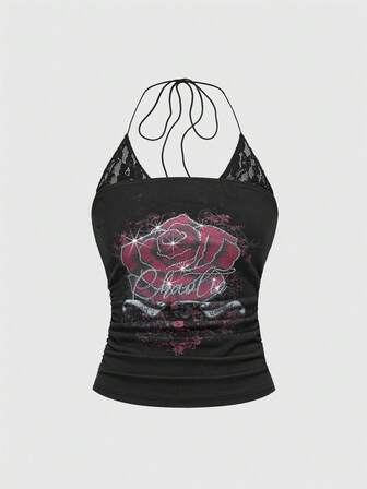 J-Fashion Y2K Stil Rose Muster Strass 2 Stücke Spitzenbesatz Träger Gerafftes Camisole
