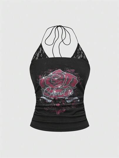 J-Fashion Estilo Y2K Camiseta sin mangas con volantes y encaje con estampado de rosas y detalles de strass en 2 piezas