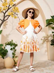 2pcs/Set Tween Girl Ruffled Floral Print Dress With Puff Sleeve Cardigan, Elegant Spring/Summer Outfit - Yellow - View 5