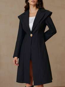 GENKIRA Desain Elegan, Kerah Lebar Terstruktur, Pinggang Ramping, Blazer Panjang Asimetris Kancing Tunggal - Hitam - View 4