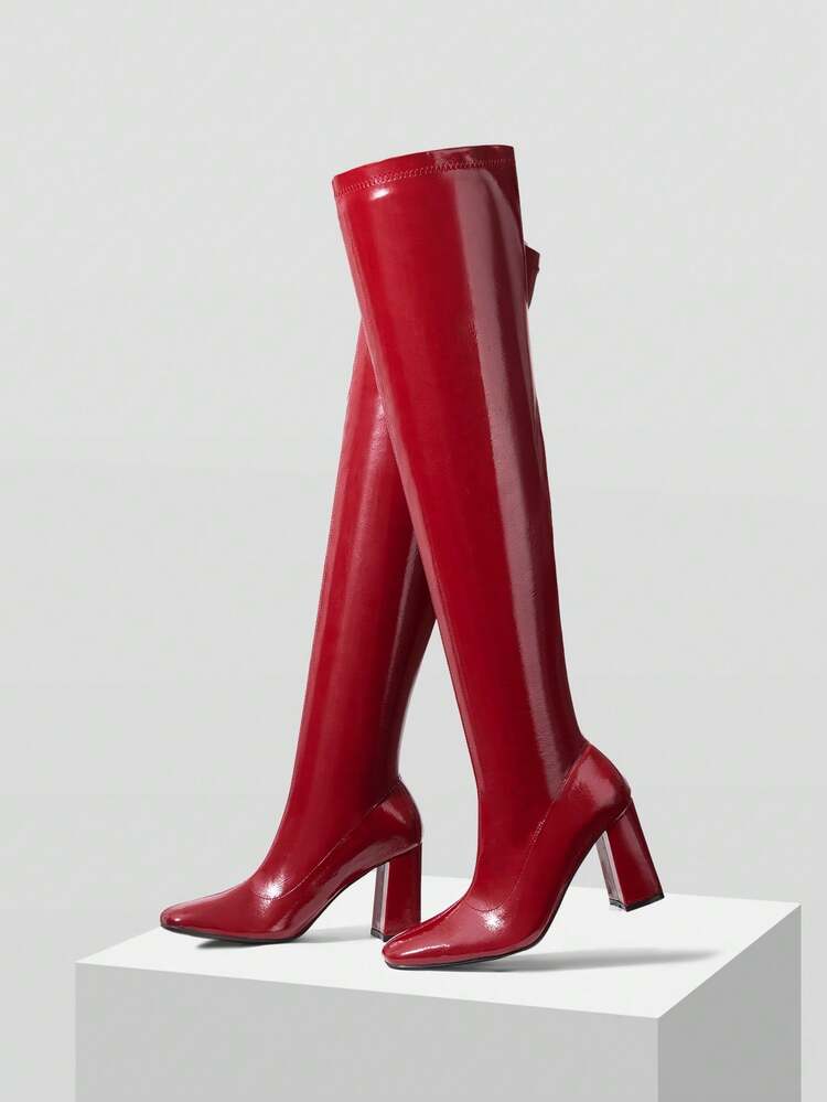 CHUNKY HEEL PU LEATHER TOE SUEDE OVER-THE-KNEE BOOTS, SLIMMING & ELONGATING LEGS