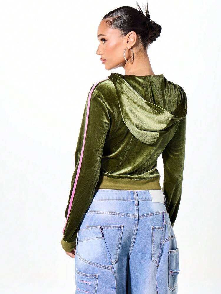 SUMWON WOMEN Velour Zip Through Cropped Hoodie With Drawstring