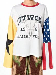 SUMWON WOMEN Outwest Texas Longhorn 短款长袖图案西部美式T恤 - 彩色 - 查看 4