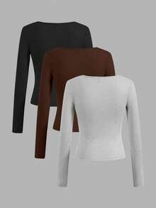 SHEIN EZwear Bộ 3 áo thun nữ tay ngắn croptop thường ngày, đồ mặc nhà, lớp lót, màu trơn, đa năng, ôm sát, phù hợp cho mùa thu/đông - Nhiều màu - Xem 2