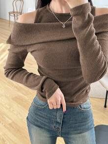 DAZY Women's Solid Color Off-Shoulder Fitted Fashion T-Shirt, Coffee Brown, Spring/Autumn Long Sleeve Top