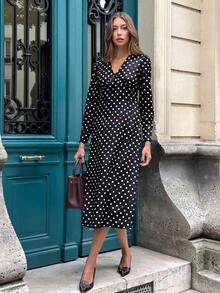 Pariaura Women's Autumn Mid-Length Waist Cinched Polka Dot V-Neck Casual Dress