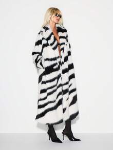 KIZN 斑马纹仿皮草超长外套长袖冬季外套个性单品 - 彩色 - 查看 1