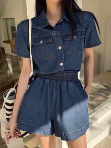DAZY Short Sleeve Loose Pocket Denim Shirt And Shorts Set For Women - Dark Wash - View 1