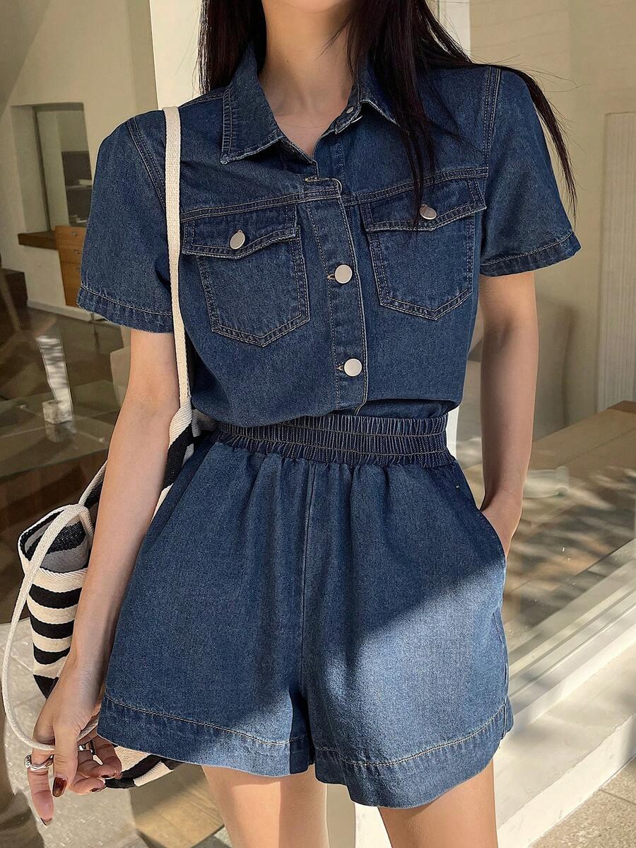 DAZY Short Sleeve Loose Pocket Denim Shirt And Shorts Set For Women - Dark Wash - View 1