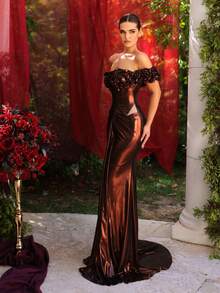Glamrae Elegantes metallisch gestreiftes beschichtetes handgefertigtes plissiertes avantgardistisches asymmetrisches Neckholder-Kleid mit einem Ärmel, Taillenschlitz und Fischschwanz-Saum mit Pailletten, geeignet als Abendkleid für Frauen - Rostbraun - Übersicht 4