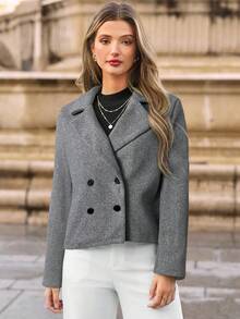 SHEIN Frenchy بليزر خفيف الوزن مزدوج الصدر بياقة صدر للنساء، لون أحادي، مناسب للعمل والتنقل والارتداء اليومي، ملابس خريف وشتاء للنساء