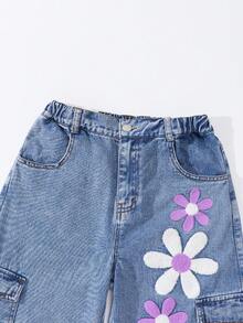 SHEIN ChillGRL 青少年女孩時尚刺繡寬腿工裝牛仔褲，春夏秋冬 Y2K 90年代女孩/幼兒時尚雪花水洗破舊刺繡喇叭褲，紫色 Y2K - 淺色水洗藍 - 查看 4