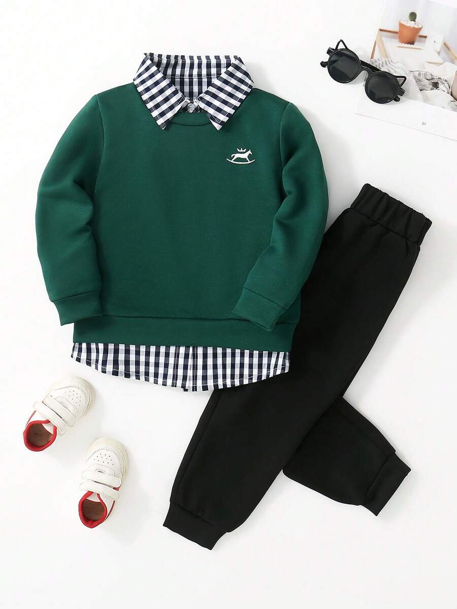 SHEIN 2 件套年轻男孩可爱休闲黄色刺绣运动衫和黑色裤子舒适服装，春季 - 墨綠色 - 查看 1