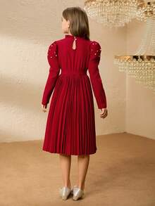 Vestido elegante con cuello de volantes, mangas abullonadas, cintura con cuentas y pliegues para niña preadolescente, para Halloween y Navidad, con cinturón - Rojo - Ver 2