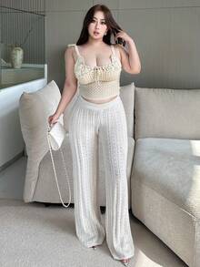 Flirla 大码女式时尚优雅波西米亚风格镂空宽松针织裤，适合度假穿着，春夏秋季 - 杏色 - 查看 7