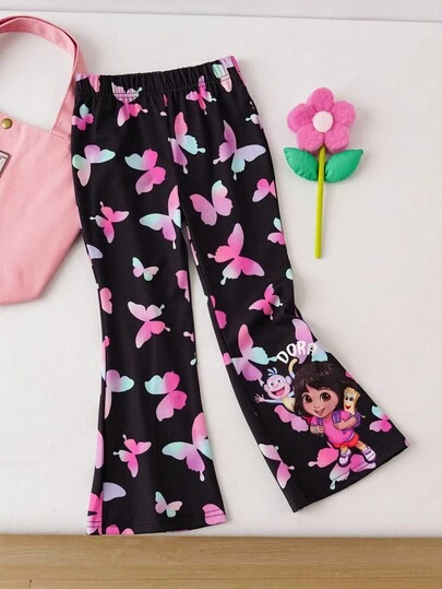 DORA | SHEIN Mallas acampanadas con estampado de mariposa y figura de dibujos animados de gradiente de color para niña