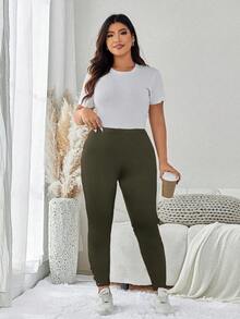 SHEIN LUNE 加大码镂空纯色健身紧身裤，非常适合运动装健身房女装 - 軍綠色 - 查看 6