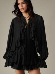 MISSGUIDED Frill Detail Long Sleeve Ruffle Hem Mini Dress With Tie Neck And Tiered Layers For Fall Winter Party Occasions - Black - View 3