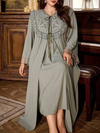 PalaceNights Plus Size Women Retro Palace Floral Embroidery Tie-Front Mesh Ruffle Trim Loose Robe And Sleeveless Nightgown Set, Fall Winter Clothes