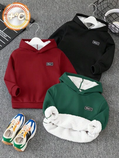 SHEIN 3件装男童休闲字母贴花保暖内衬纯色连帽衫