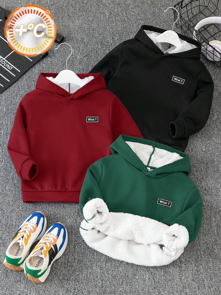 SHEIN 3件装男童休闲字母贴花保暖内衬纯色连帽衫