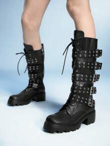 Sugerpunk Botas de fiesta y club de uso diario con cremallera lateral, puntera redonda, plataforma, suela gruesa, decoración de ojal y tela de PU negra - Negro - Ver 3