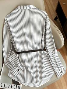 Franclia Women's Elegant Fashionable And Simple Casual Commuting Wear Inner And Outer Wear Black And White Shirt With Striped Fabric And Belt, Women's Elegant Casual New Year's Blouse