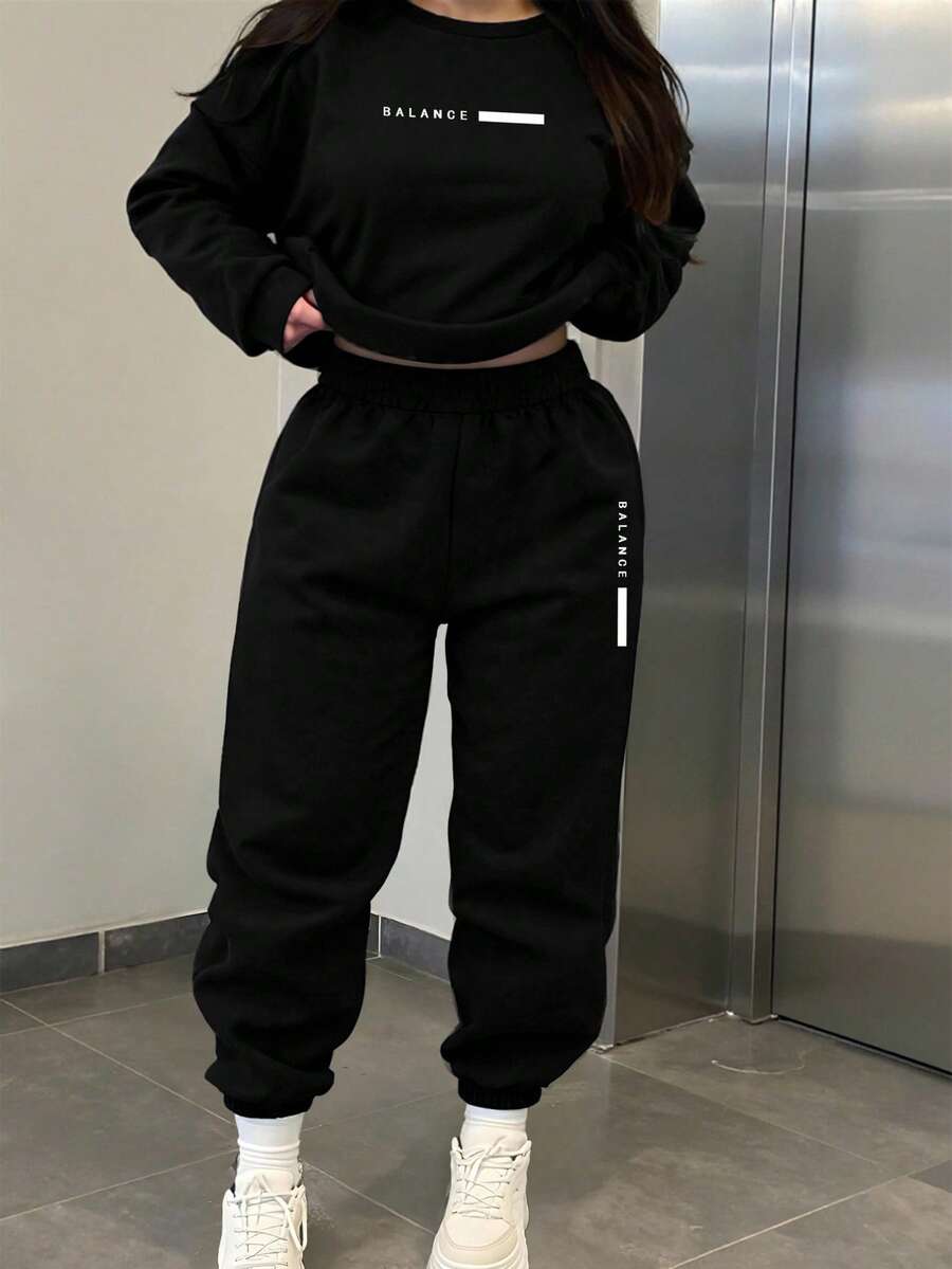 DrmWander 大码圆领长袖字母印花休闲两件套：上衣和裤子