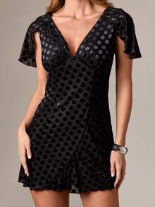 AiiRZ Cap Sleeve Polka Dot Burnout Chiffon Maxi Dress Deep V Neck Flutter Sleeve Evening Party Dress - Black - View 1