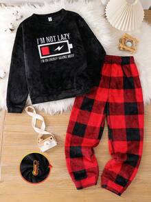 SHEIN Bộ đồ ngủ 2 món vải nỉ mềm mại thoải mái họa tiết pin tối giản cổ tròn tay dài cho bé trai tuổi mới lớn, mùa thu/đông - màu đen - Xem 6