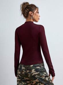 SHEIN EZwear Women's Y2K Style Zip-Up Thumb Hole Burgundy Sweatshirt, Autumn/Winter - Burgundy - View 2