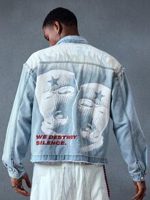 ROMWE MEN Street Life Men's Figure Print Ombre Denim Jacket - Blue - View 7